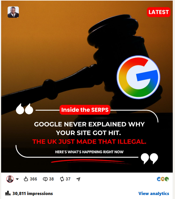 Dan Akeju Google algorithm analysis post with 30,811 impressions
