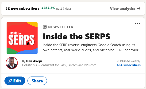 Inside the SERPs newsletter by Dan Akeju