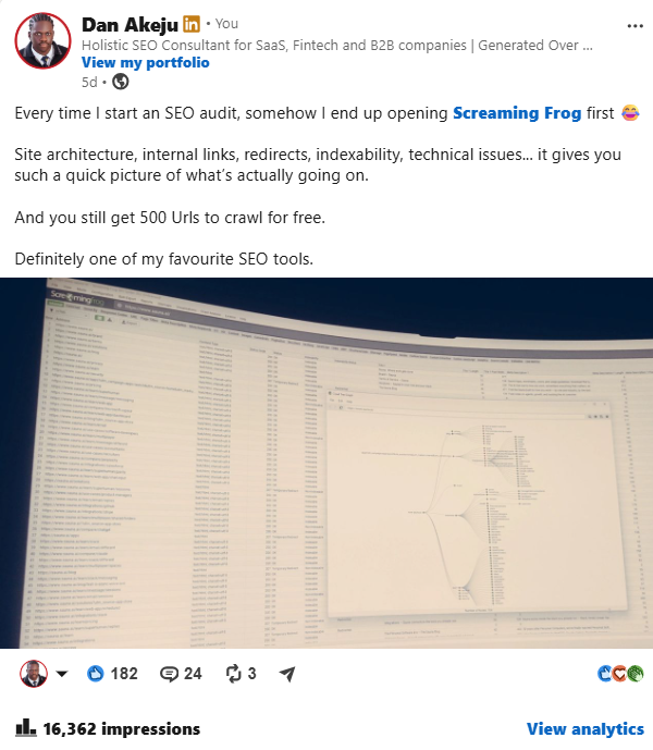 Dan Akeju technical SEO post with 16,362 impressions