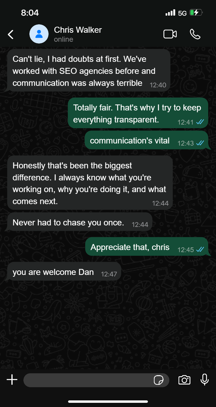 Client message praising Dan Akeju's transparent communication and proactive SEO delivery